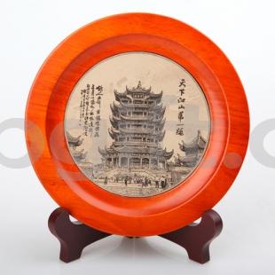 武漢禮物 黃鶴樓皮雕橡木盤(pán)紀念品