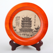 武漢禮物 黃鶴樓皮雕橡木盤(pán)紀念品