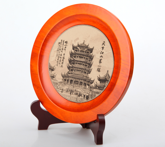 武漢禮物 黃鶴樓皮雕橡木盤(pán)紀念品